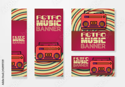 Retro music banner set. Retro background and retro red radio. Vector Vintage Music Background