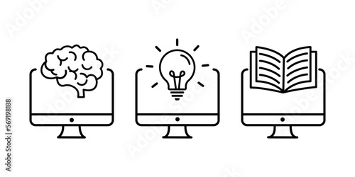 Concept of online learning. Computer with light bulb, open book and brain. Vector outline icon with editable stroke