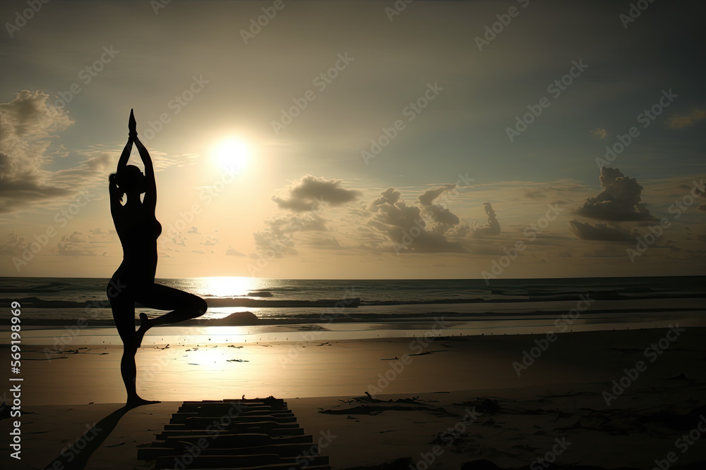A woman doing yoga by the beach. A Portrait of a Yoga. Yoga practice. Yoga in motion. Seren mind. Single-leg Yoga. generative ai