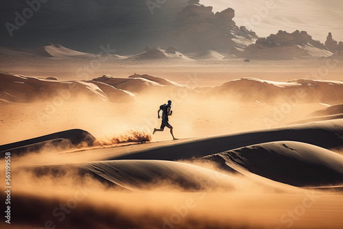 A man running in the desert. Challenge yourself. Never give up. Challenge your limit. Extreme sports, generative ai
