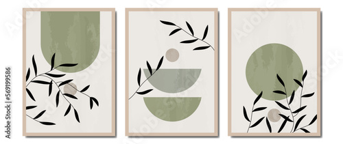 Foliage vector art set. Leaves, organic shapes, stones, green tone, branch of leaves in line art style. Watercolor decoration collection design for interior, poster, cover, banner.