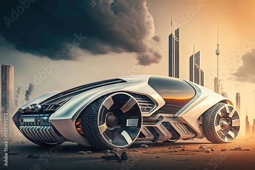 Futuristic chrome car on the background of a modern city with skyscrapers and towers, neon sunset. AI