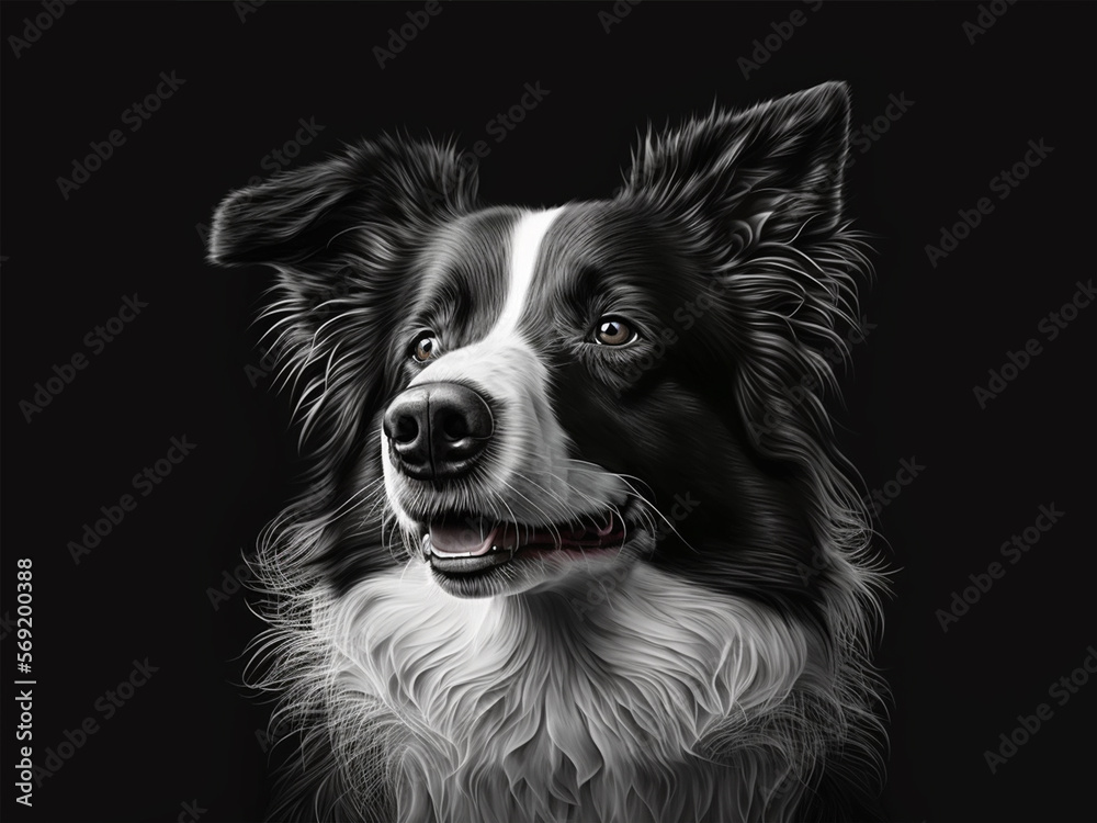 AI generated: black and white border collie portrait illustration