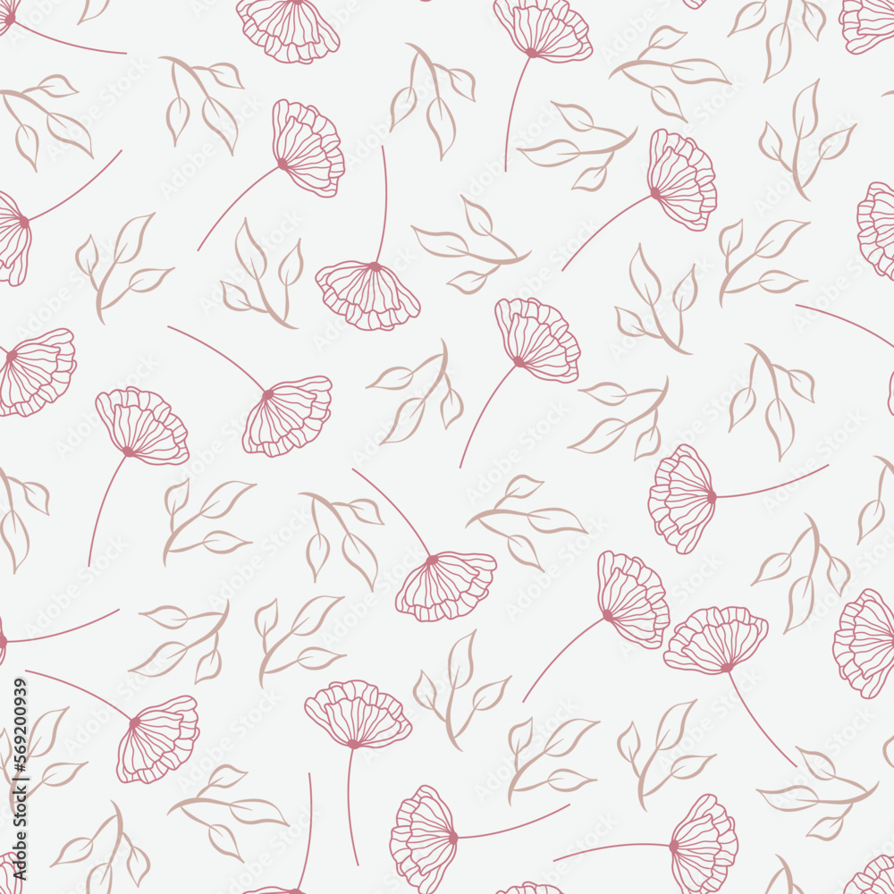 Leaves and flowers repeat pattern. Floral pattern design. Botanical tile. Good for prints, wrappings, textiles and fabrics.