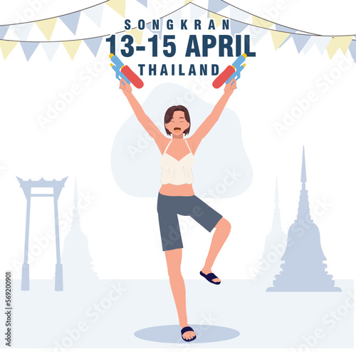 Thailand water Festival concept.(Songkran), woman holding water gun. Flat vector illustration