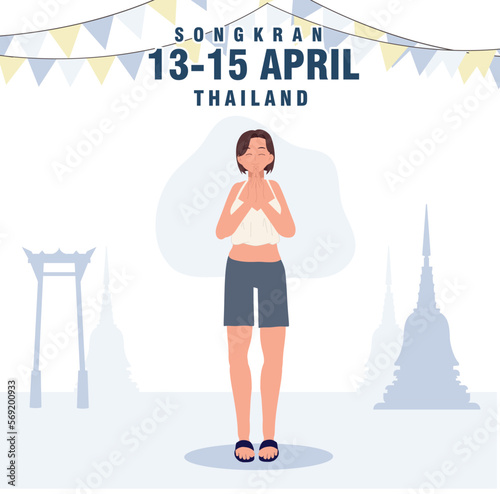 Thailand water Festival concept.(Songkran), woman doing greeting 'sawasdee'.Flat vector illustration