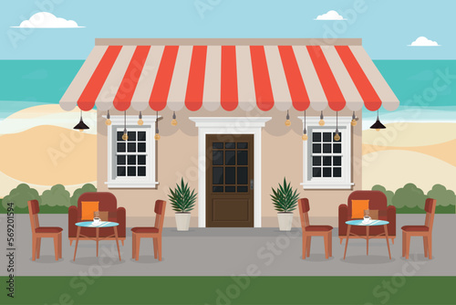 a restaurant cafe on the beach by the sea with a table and chairs