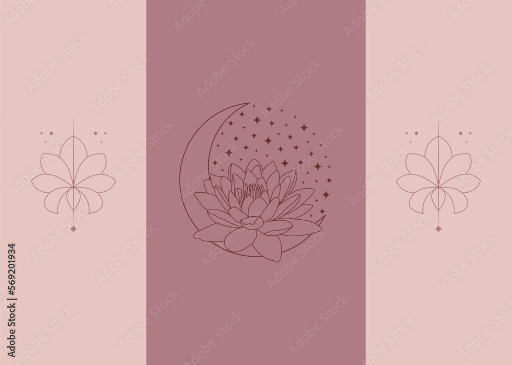 Moon and lotus flower vector set.  Elegant crescent and star logo design line icon vector in luxury style outline linear. Premium boutique, jewelry, wedding salon emblem logo design set. - obrazy, fototapety, plakaty 