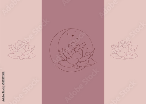 Moon and lotus flower vector set. Elegant crescent and star logo design line icon vector in luxury style outline linear. Premium boutique, jewelry, wedding salon emblem logo design set.