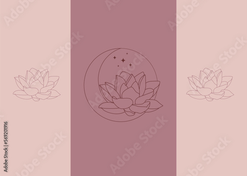 Moon and lotus flower vector set.  Elegant crescent and star logo design line icon vector in luxury style outline linear. Premium boutique, jewelry, wedding salon emblem logo design set.