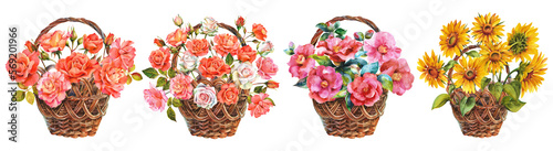 Watercolor flowers. Set of wicker baskets with different flowers. Camellias  roses and sunflowers