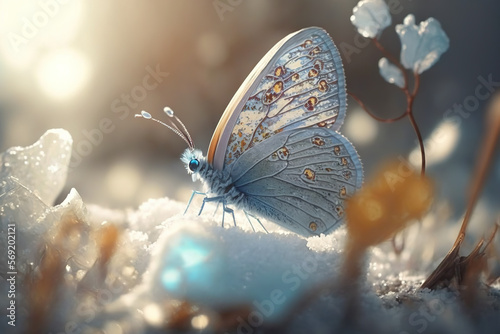 a spring season concept of a butterfly in a frozen snowy forest, new beginnings transformation © EOL STUDIOS