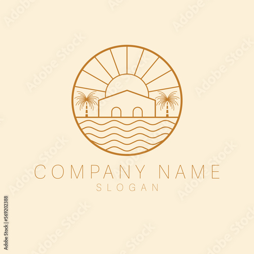 Vector logo template with villa and palm trees - abstract summer and vacation icon and emblem for vacation rentals, travel services, tropical spas and beauty studio. 