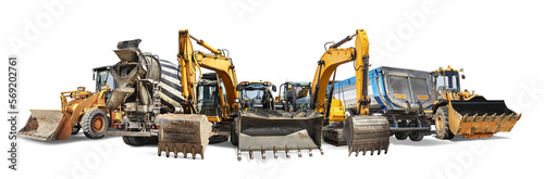 A large group of construction equipment isolated on a white background. Rental of construction equipment. Excavator, loader, bedozer, atobetonosmesitel, dump truck. element for design.