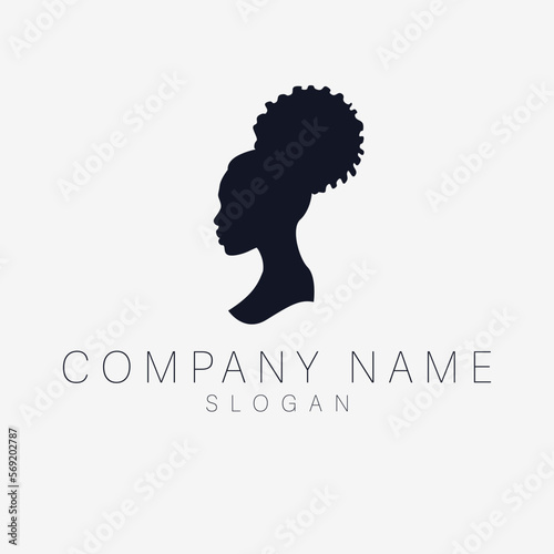 African american woman with afro hair style illustration. Vector logo emblem for beauty industry. Head in circle logotype.