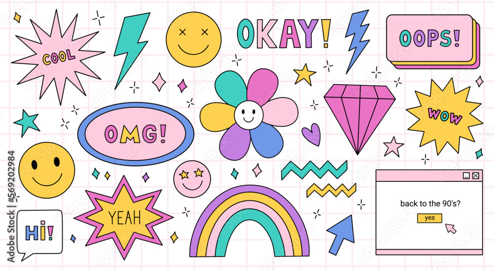 Set of trendy badges or stickers in the style of the 90s. Bright patches with smiling faces, lightnings, diamonds, stars and speech bubbles with the text Yeah, Oops, Cool, Wow. Nostalgia for the 1990s Set of trendy badges or stickers in the style of the 90s. Bright patches with smiling faces, lightnings, diamonds, stars and speech bubbles with the text Yeah, Oops, Cool, Wow. Nostalgia for the 1990s