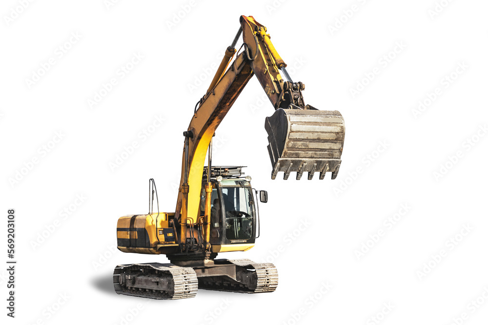 Crawler excavator isolated on white background. Quarry excavator with bucket raised close-up. Modern building equipment for earthworks. element for design.