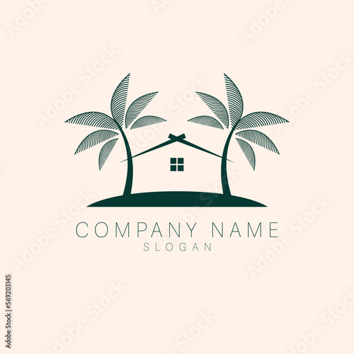 Vector logo template with villa and palm trees - abstract summer and vacation icon and emblem for vacation rentals, travel services, tropical spas and beauty studio. 