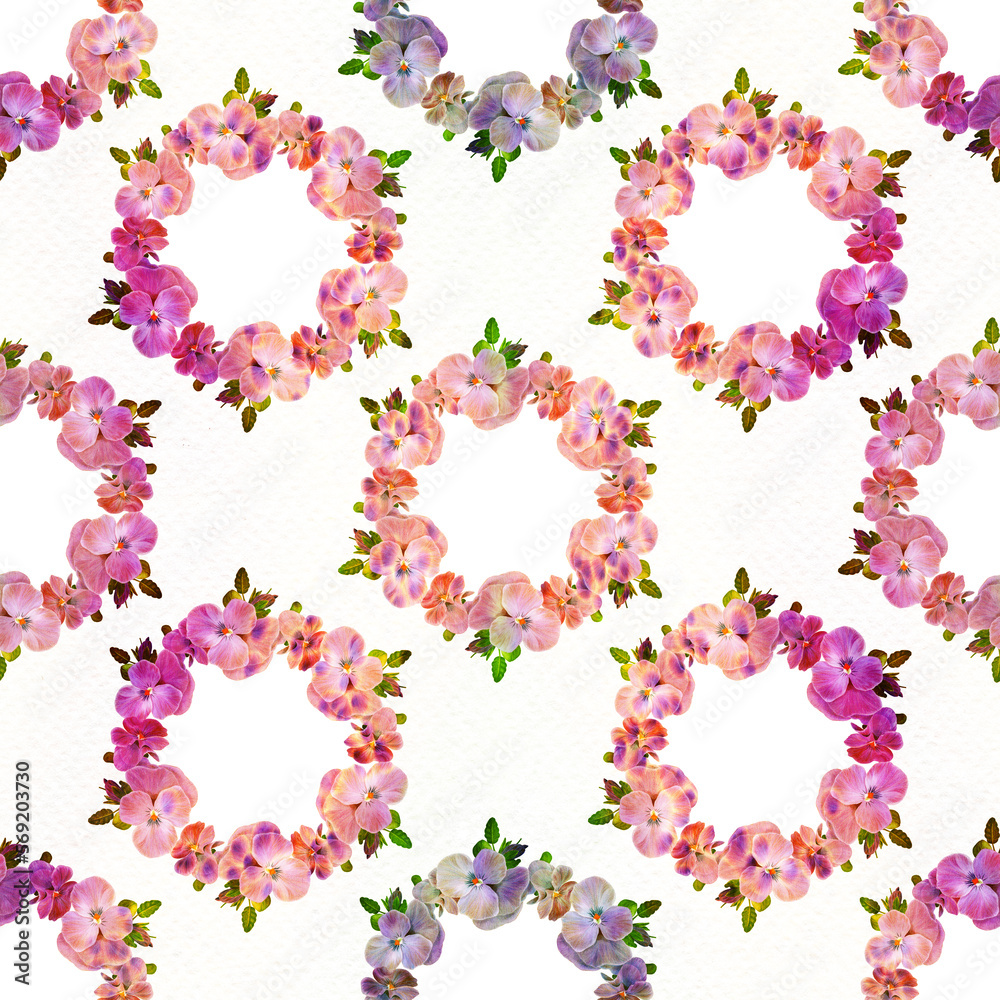 Seamless pattern. Pansy flowers, violets - buds and leaves on a watercolor background. Collage of flowers and leaves. Use printed materials, signs, objects, websites, maps.