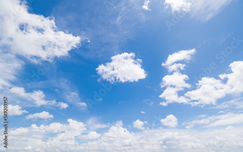 Panoramic view of clear blue sky and clouds, Blue sky background with tiny clouds. White fluffy clouds in the blue sky.