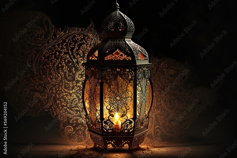 Ornamental Arabic lantern with magical magic candle light glowing at night. AI