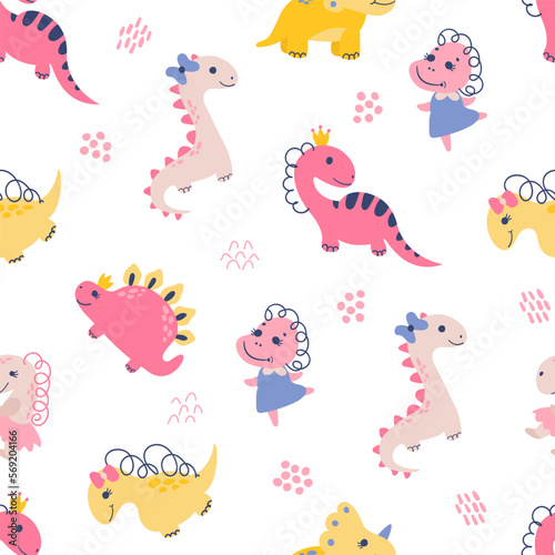 Seamless pattern with dino girls. Design for fabric  textile  wallpaper  packaging. 