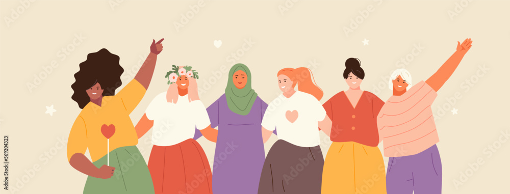 Naklejka premium Beautiful happy multiethnic women embracing. International woman day, girlfriends, sisterhood, feminism. Vector characters