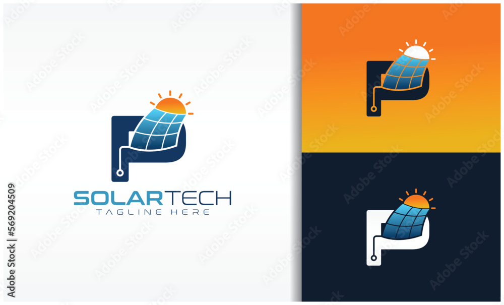 Letter P Solar Tech Energy Logo - obrazy, fototapety, plakaty 