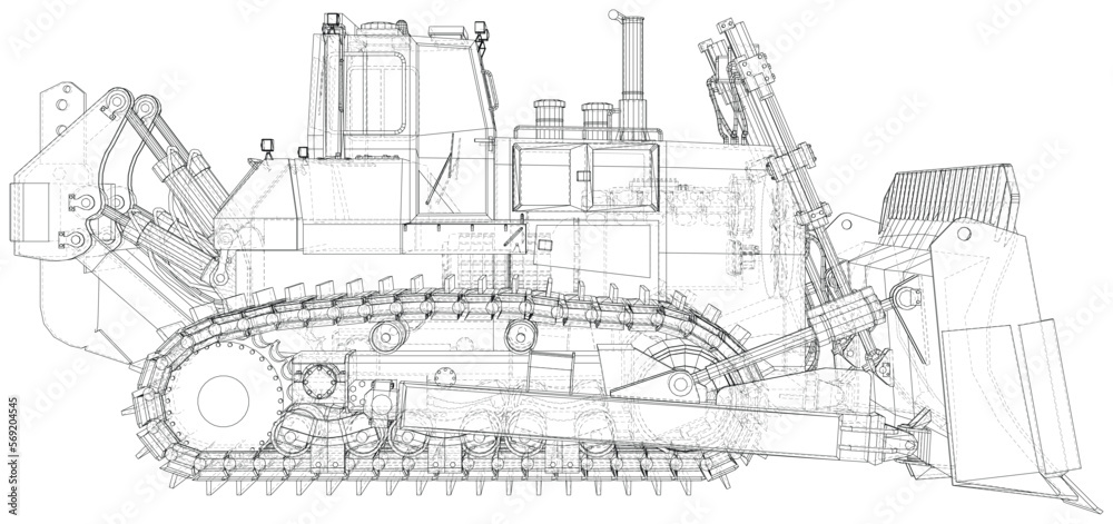 Vector Wire-frame Bulldozer. The layers of visible and invisible lines are separated. EPS10 format. Vector created of 3d.