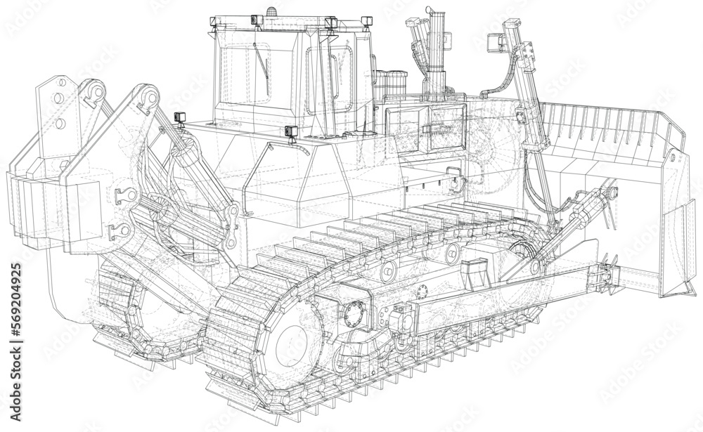 Building bulldozer illustration vector. Wire-frame line isolated. Vector rendering of 3d.