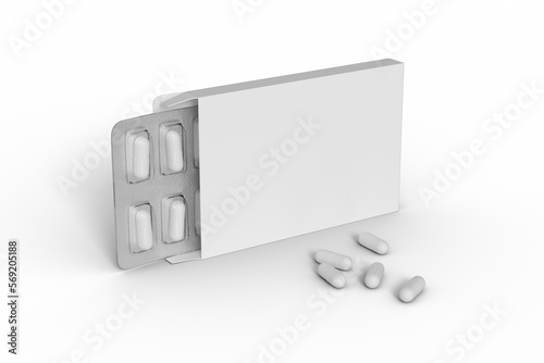 Close up of package blister with round medicines one color pills. Transparent background. 3d rendering photo