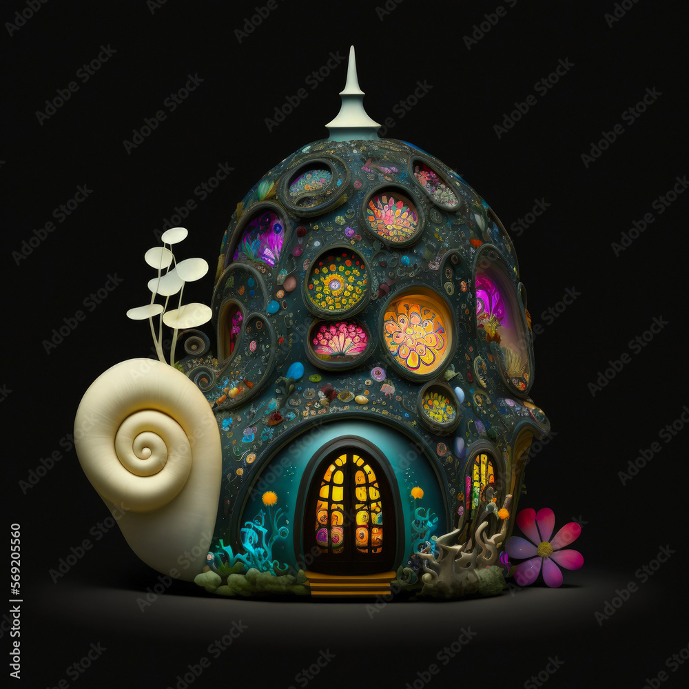 Moroccan lantern with light inside. A whimsical fairy house from a snail shell isolated on black background. AI generative