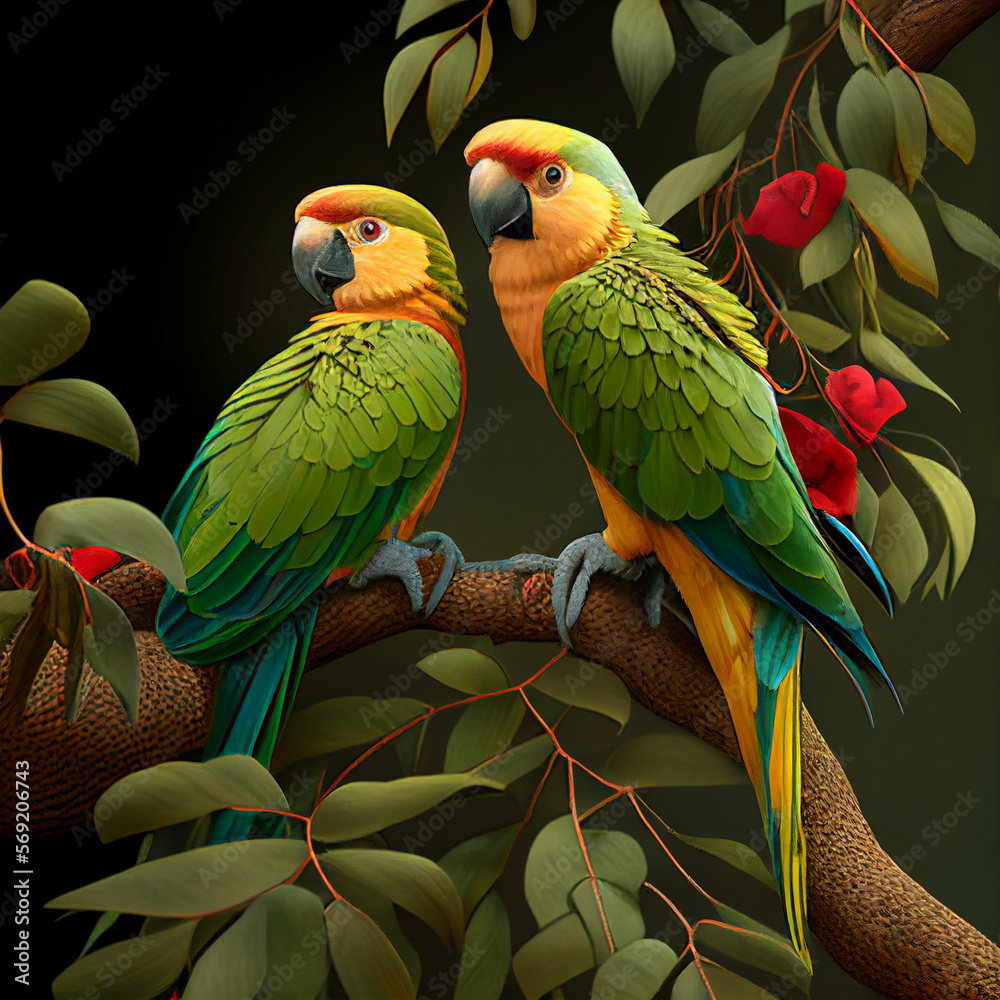 a pair of green and yellow parrots on a tree ,generative ai technology