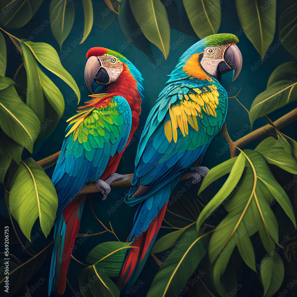 Fototapeta premium a pair of parrot laborers on a tree ,generative ai technology
