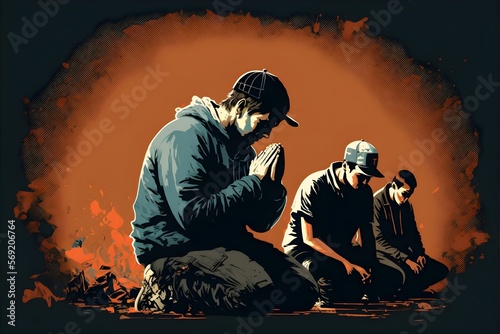 People kneeling in prayer to god, world day of prayer. Generative AI.