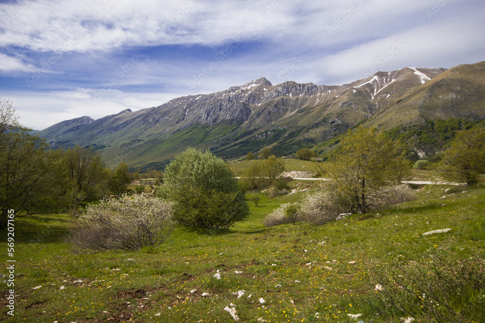 Wild landscape with high mountains in Abruzzo during spring season, Italy