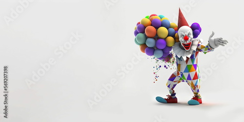 Funny wacky colorful clown emerges with solid flat background  with copy space area. Generated with AI. Suitable to use for april fools event.