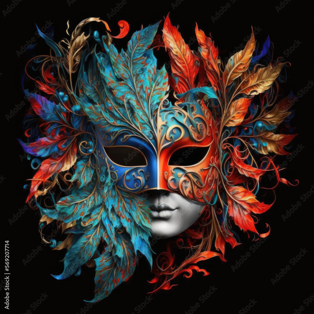 Traditional colored carnival mask of Venice, with feathers, isolated on black, Generative AI