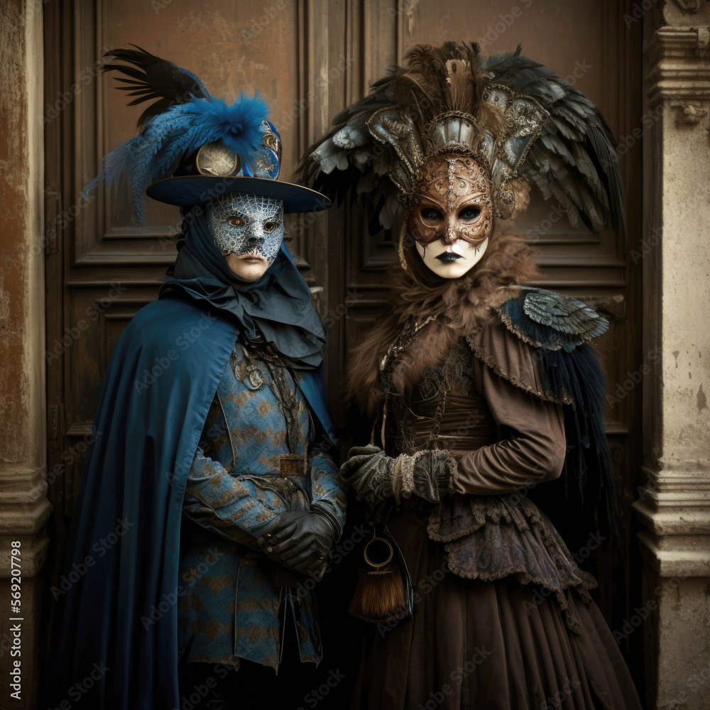 Women wearing carnival masks and costumes at a traditional Venetian carnival, Generative AI