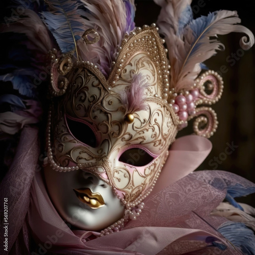 Traditional pink blush colored carnival mask of Venice, with beads and feathers, Generative AI