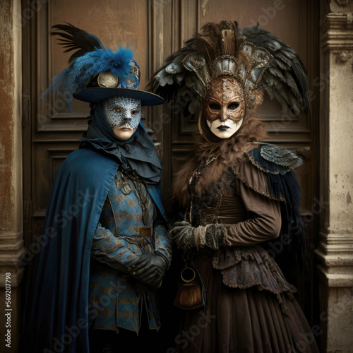 Women wearing carnival masks and costumes at a traditional Venetian carnival, Generative AI