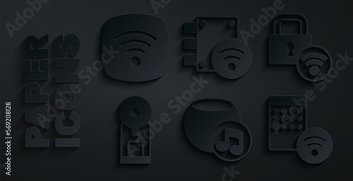 Set Voice assistant, Digital door lock, Smart coffee machine, Air humidifier, and Wi-Fi wireless internet network icon. Vector