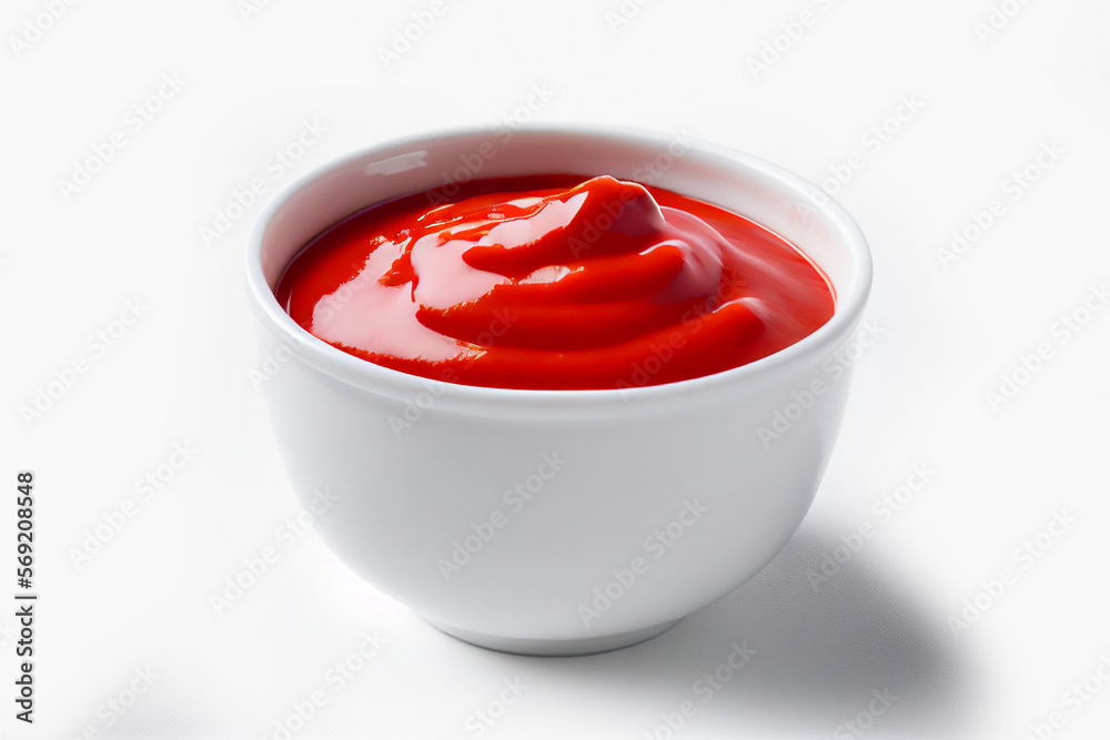 Delicious ketchup in white bowl isolated on white background. Portion of tomato sauce with clipping path. Collection of various sauces Delicious ketchup in white bowl isolated on white background. Portion of tomato sauce with clipping path. Collection of various sauces