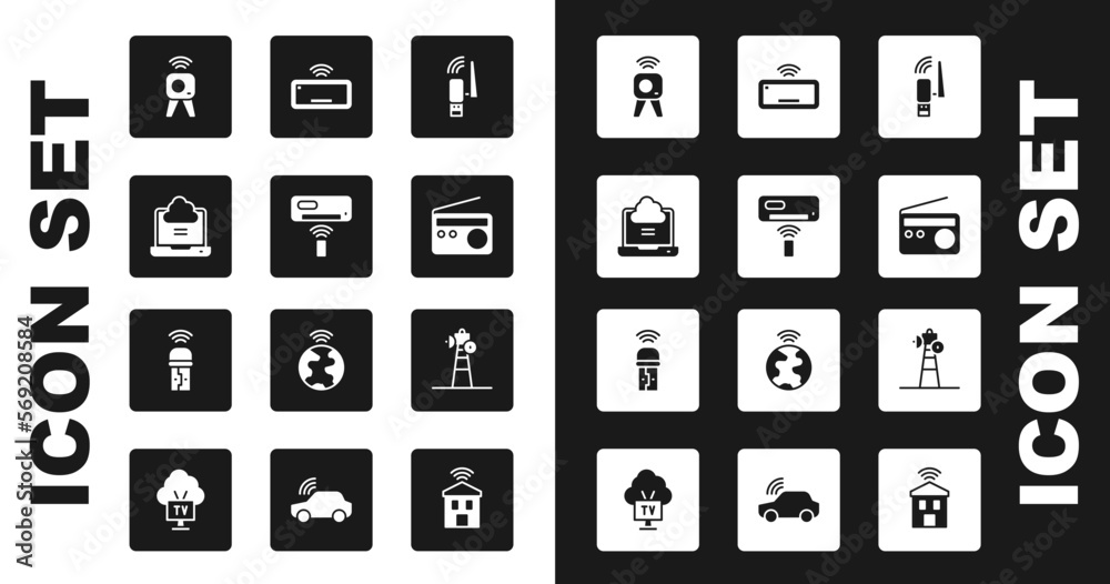 Set Usb wireless adapter, Air conditioner, Network cloud connection, Web camera, Radio, Computer keyboard, Satellite dish and icon. Vector Set Usb wireless adapter, Air conditioner, Network cloud connection, Web camera, Radio, Computer keyboard, Satellite dish and icon. Vector