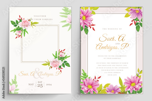 wedding invitation card with floral and leaves design © lukasdedi