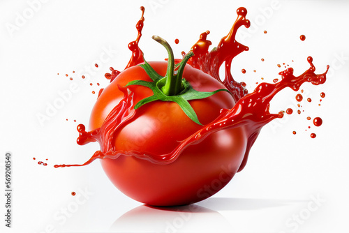 Close up red delicious fresh tomato with splashing tomato juice on white background. Food photography. With clipping path. Full depth of field.