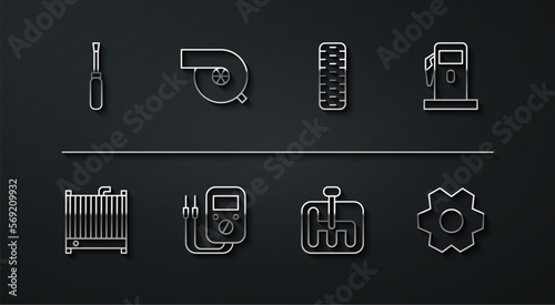 Set line Screwdriver, Car radiator cooling system, Petrol Gas station, Gear shifter, Multimeter, Automotive turbocharger, and tire wheel icon. Vector