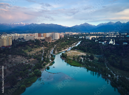 Aerial view of the mountain lake in Almaty city