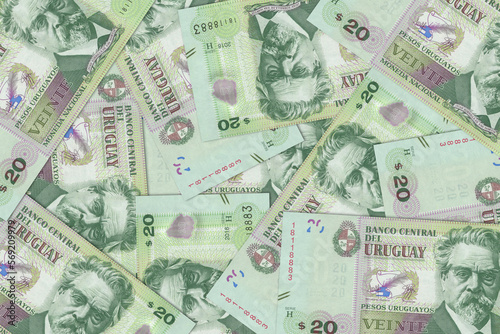 The Uruguayan currency - the Uruguayan peso. Macro view of Uruguay paper money. Close-up Uruguay money