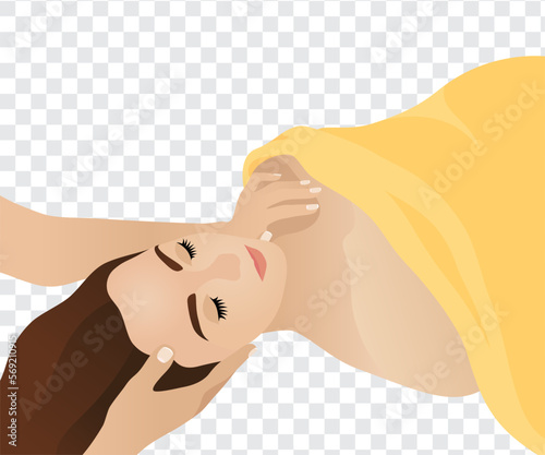 Head, neck and face massage of a beautiful girl with long dark hair, hands of a masseur on a transparent background. Template for design. Isolated vector illustration